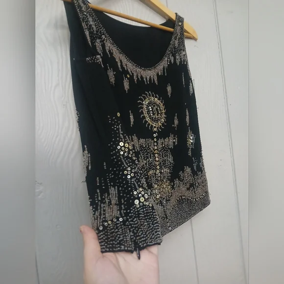 Black beaded embroidered top whimsygoth retro 1920 inspired size L * - Picture 3 of 8